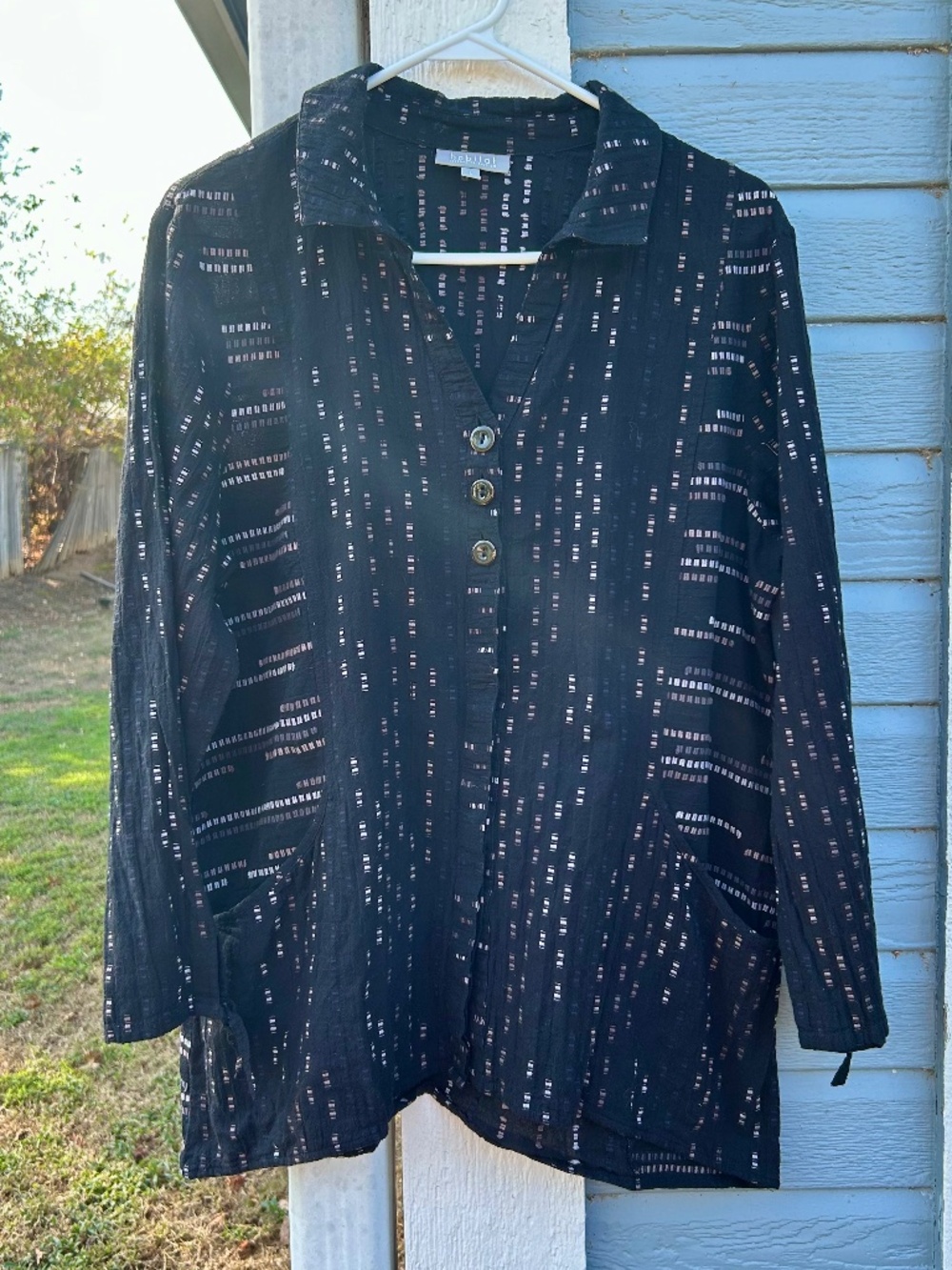 Habitat Art to Wear Tunic or Jacket L Black Crinkle Lagenlook Artsy Boho Pockets